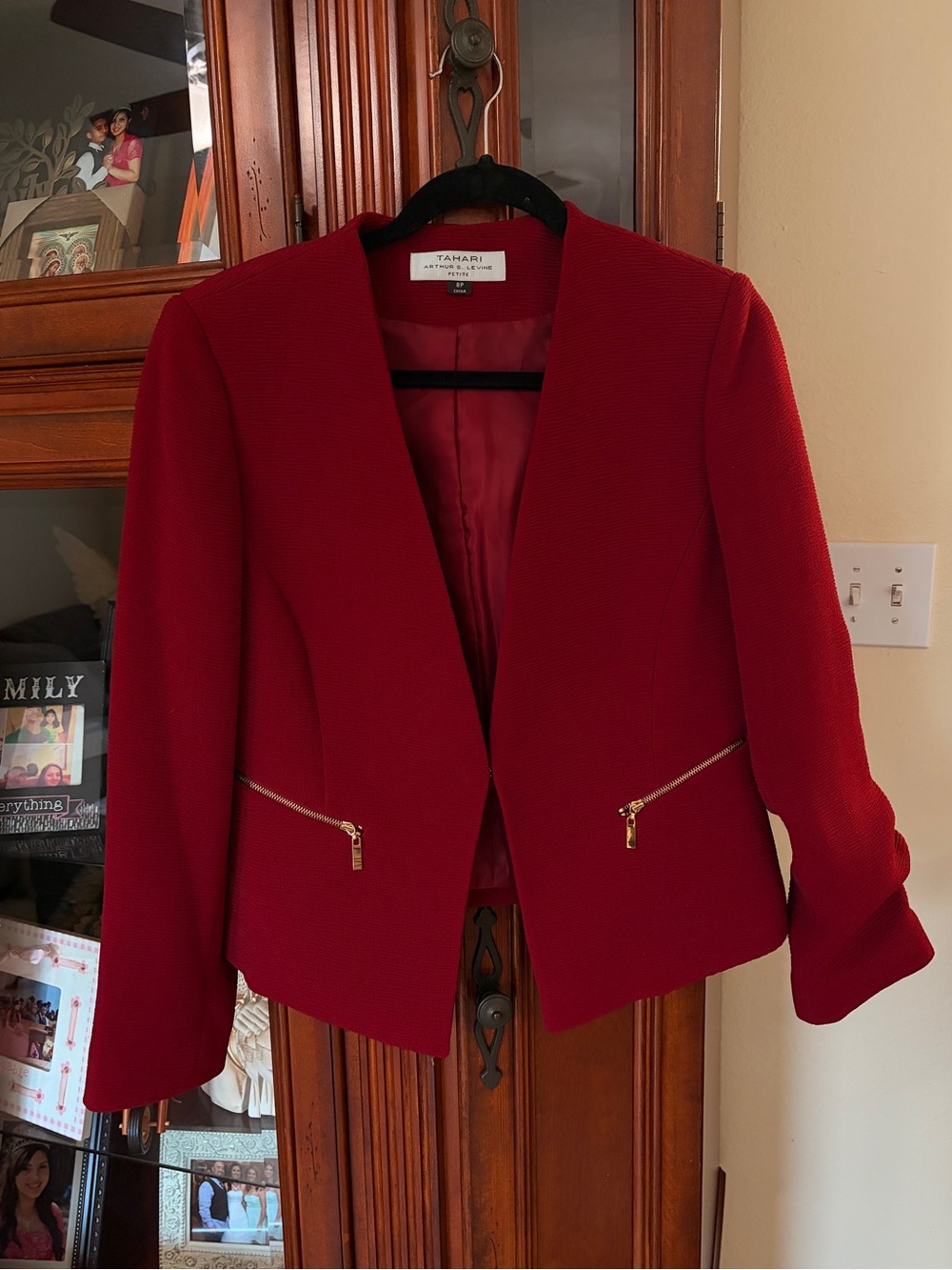 Tahari Crimson Red Open-Front Blazer with Gold Zippers